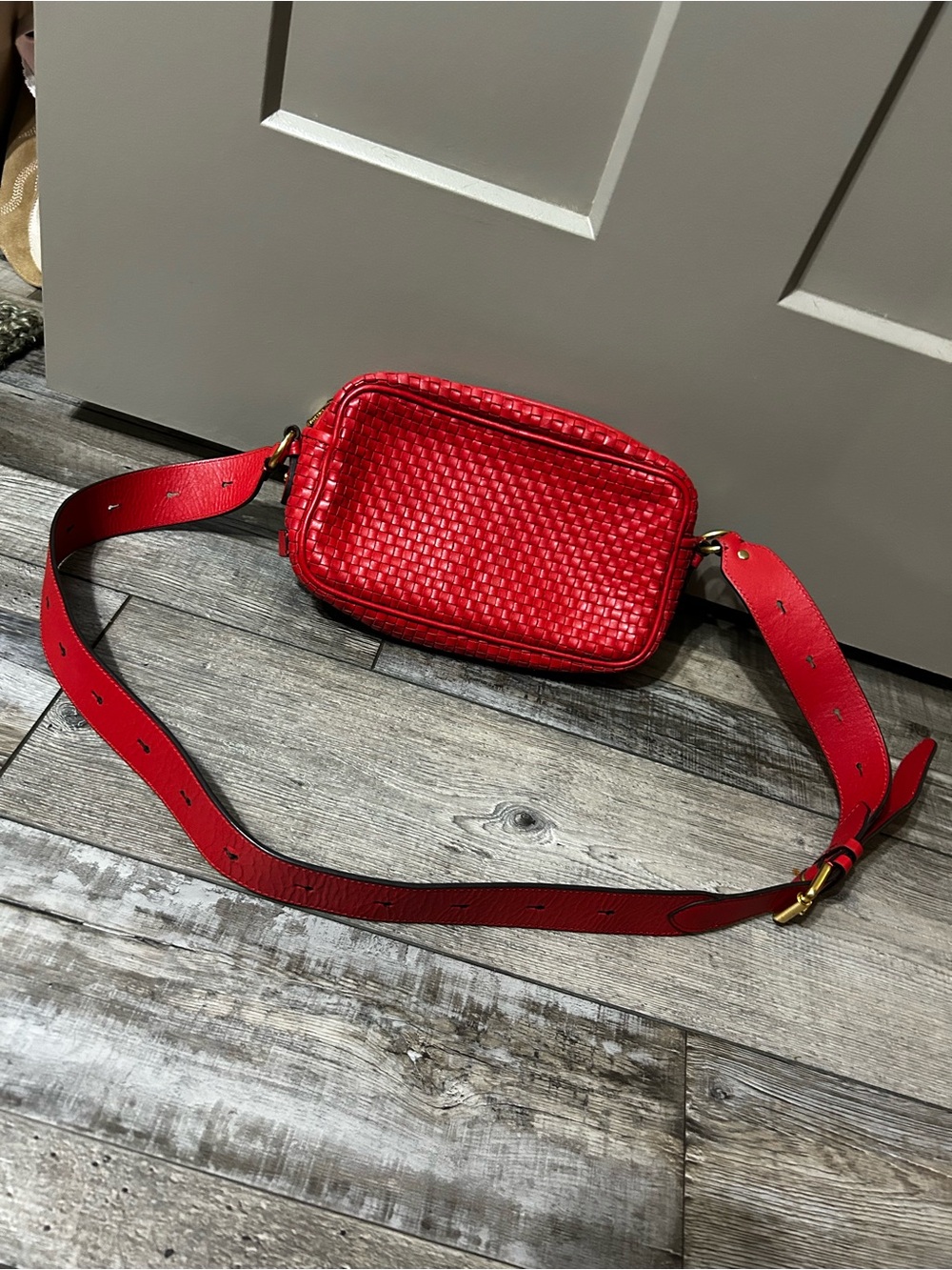 Cole Haan Red Woven basketweave Leather Crossbody camera square bag guitar strap